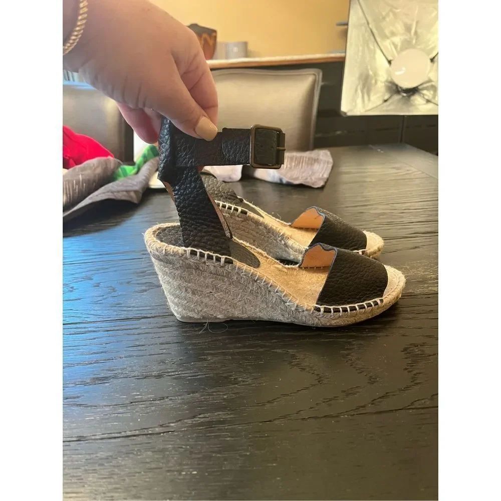 J. Crew Black Pebble Leather Ankle Strap Espadrille Wedge Sandals sz 7 EUC